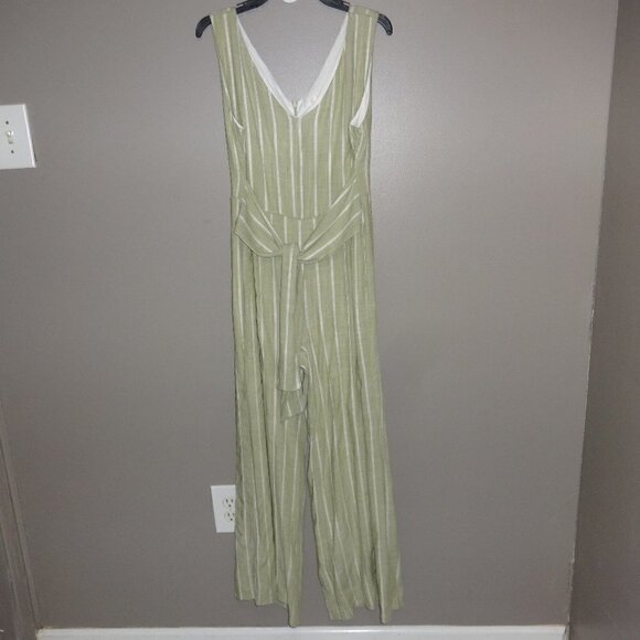 "C"  brand jumpsuit size M, fully lined, cotton white and green stripe, back zip - Picture 1 of 11